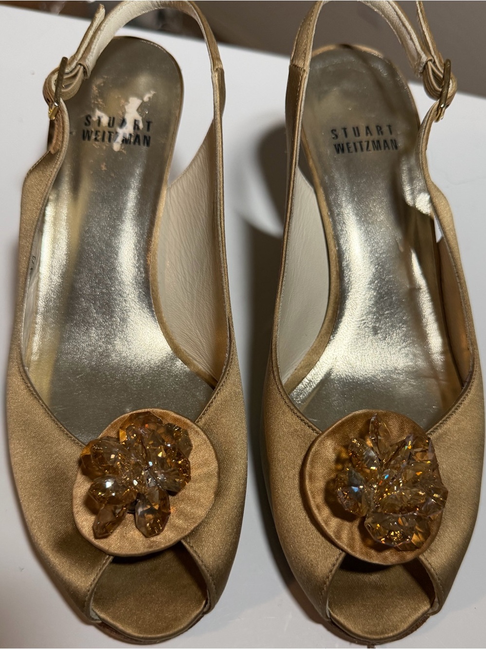 Stuart Weitzman Gold Satin Crystal Flower Peep Toe Slingback Heels 5.5